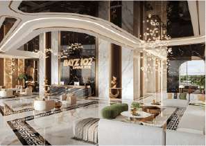 View of Yachtside Marina Residences at sunset with buildings, palm trees, and beach