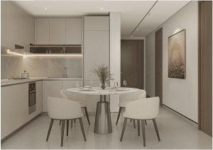 View of Yachtside Marina Residences at sunset with buildings, palm trees, and beach