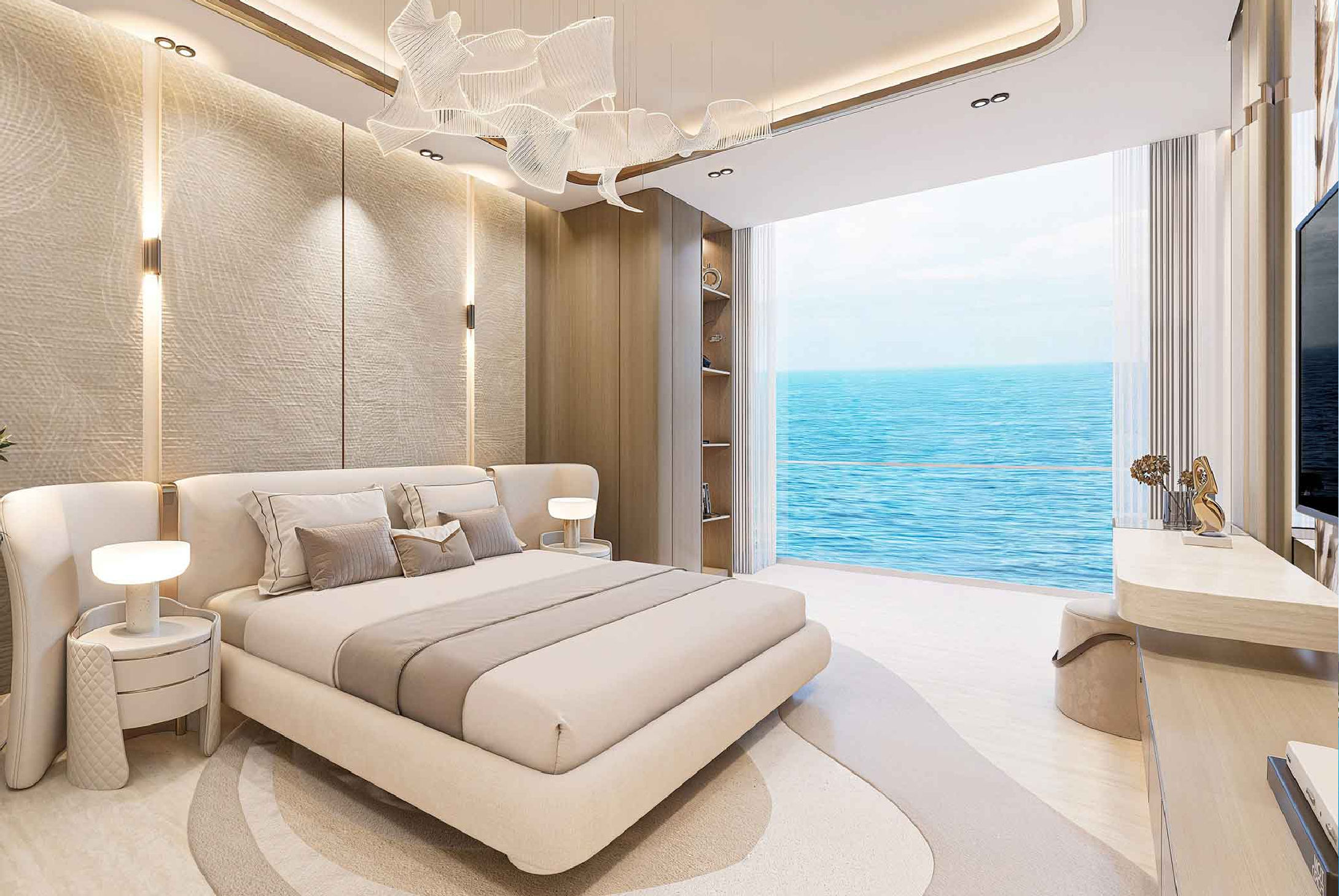 Interior view of a bedroom in Yachtside Marina Residences with large window and modern decor
