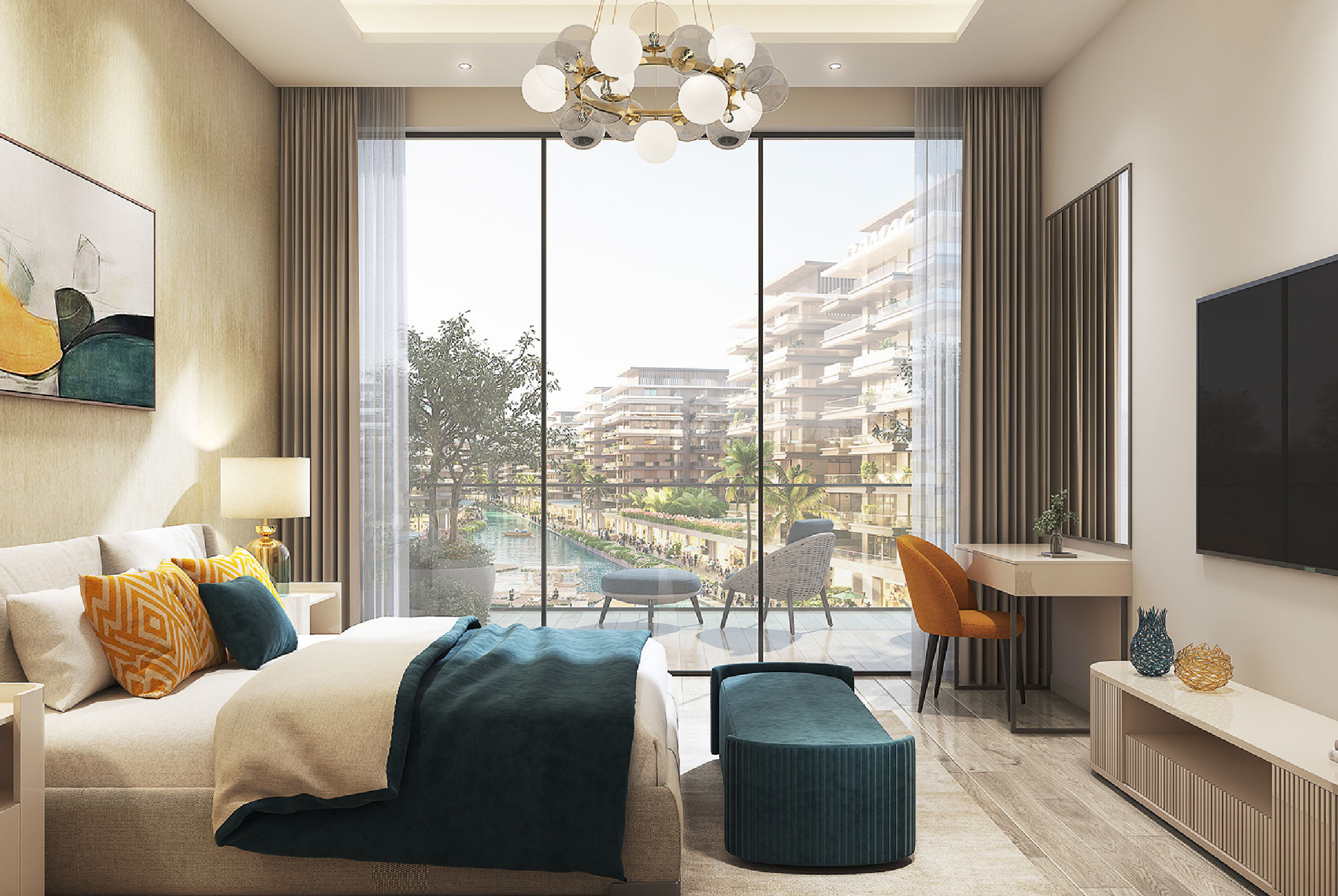 Interior view of a bedroom in Yachtside Marina Residences with large window and modern decor