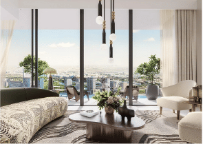 View of Yachtside Marina Residences at sunset with buildings, palm trees, and beach