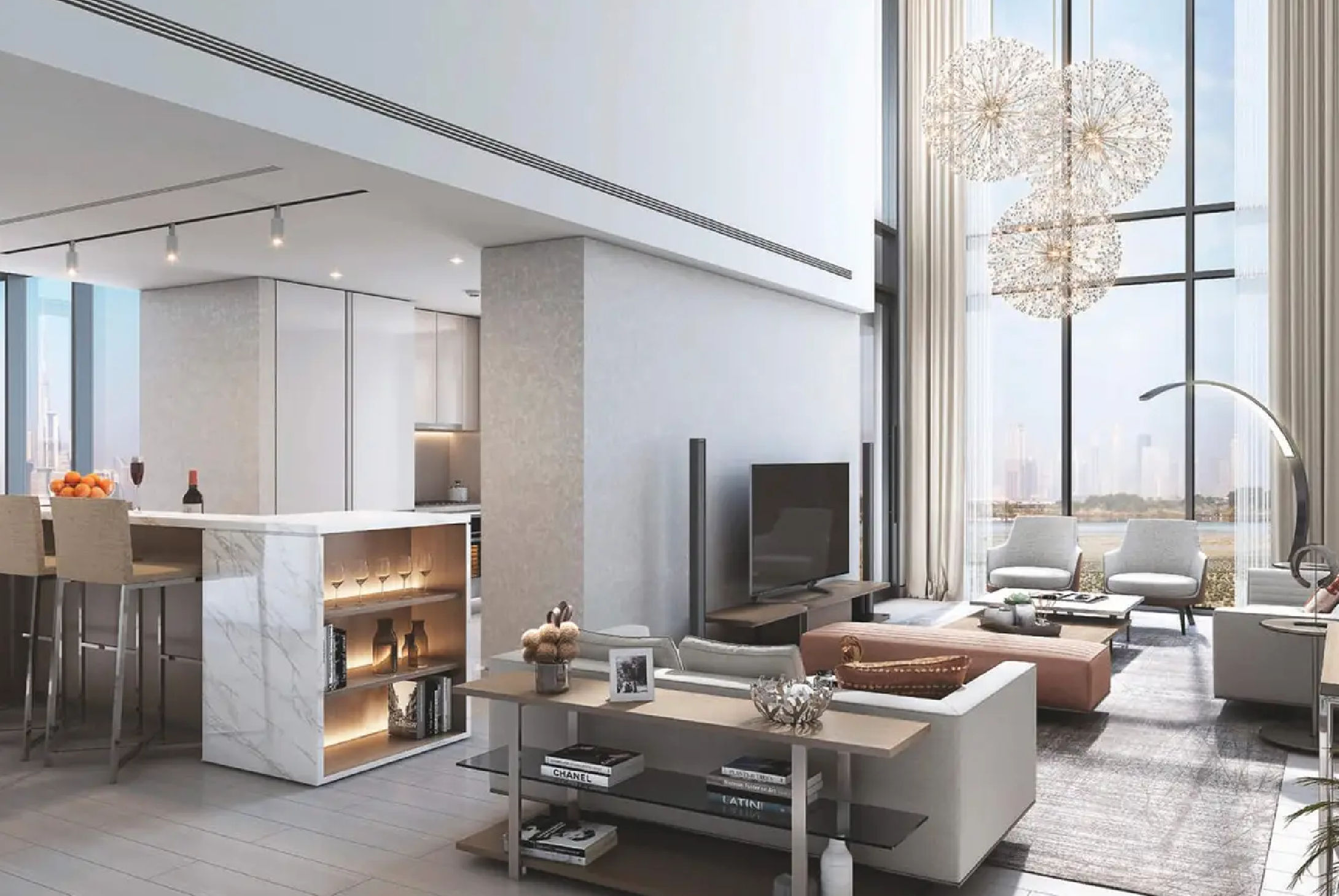 Interior view of a bedroom in Yachtside Marina Residences with large window and modern decor