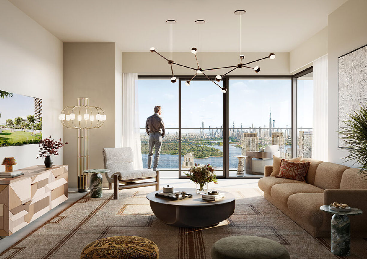 Interior view of a bedroom in Yachtside Marina Residences with large window and modern decor