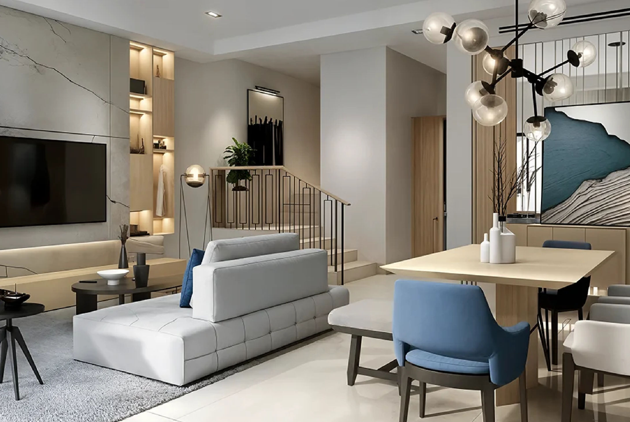 Interior view of a living and dining area in Yachtside Marina Residences with large windows and ocean view