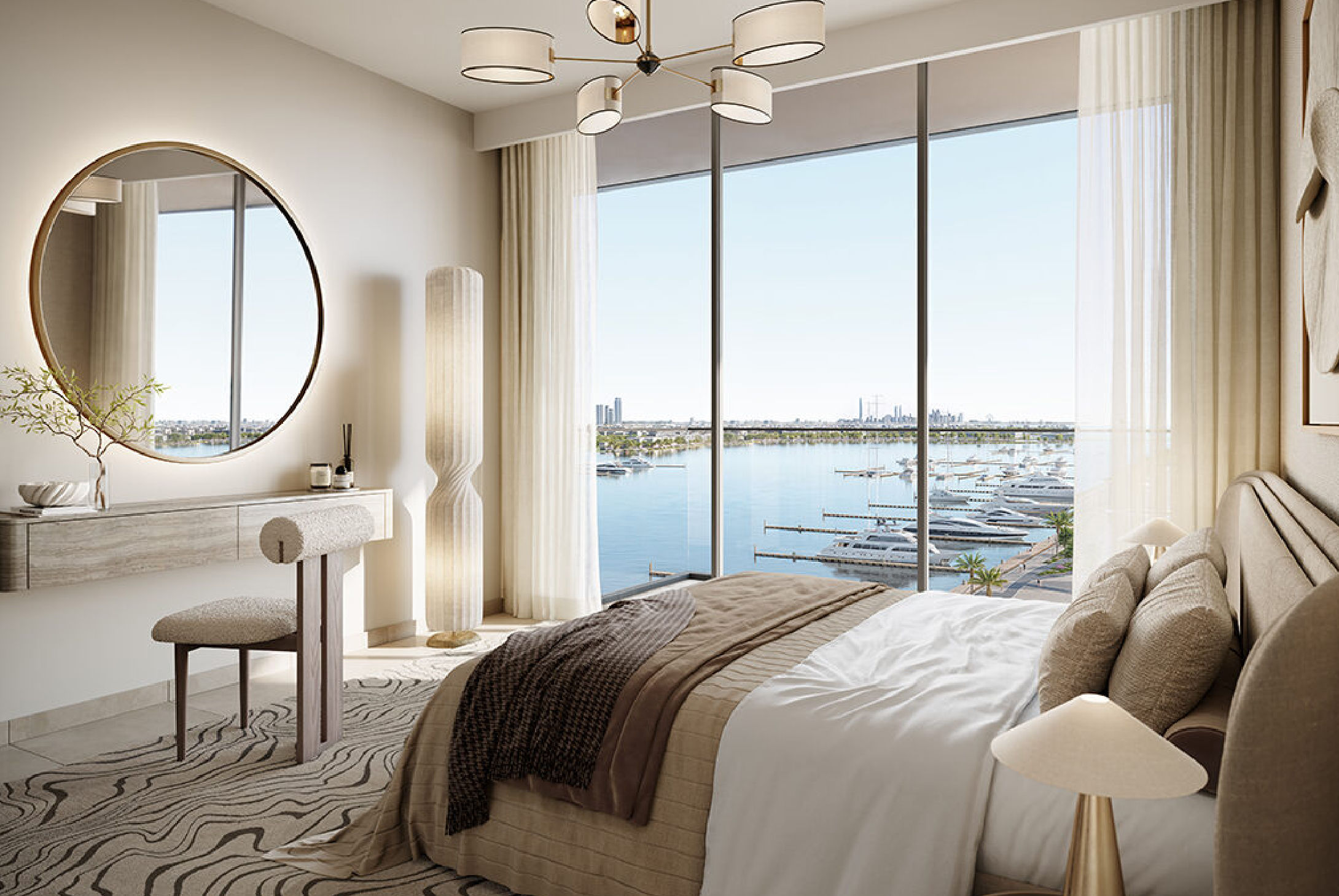 Interior view of a living and dining area in Yachtside Marina Residences with large windows and ocean view
