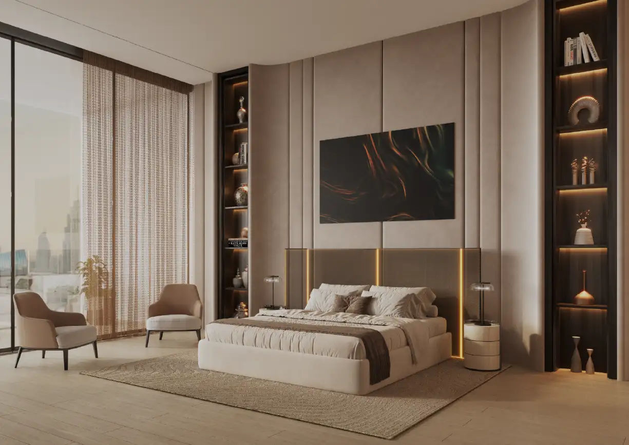 Interior view of a bedroom in Yachtside Marina Residences with large window and modern decor