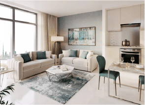 Interior view of a bedroom in Yachtside Marina Residences with large window and modern decor