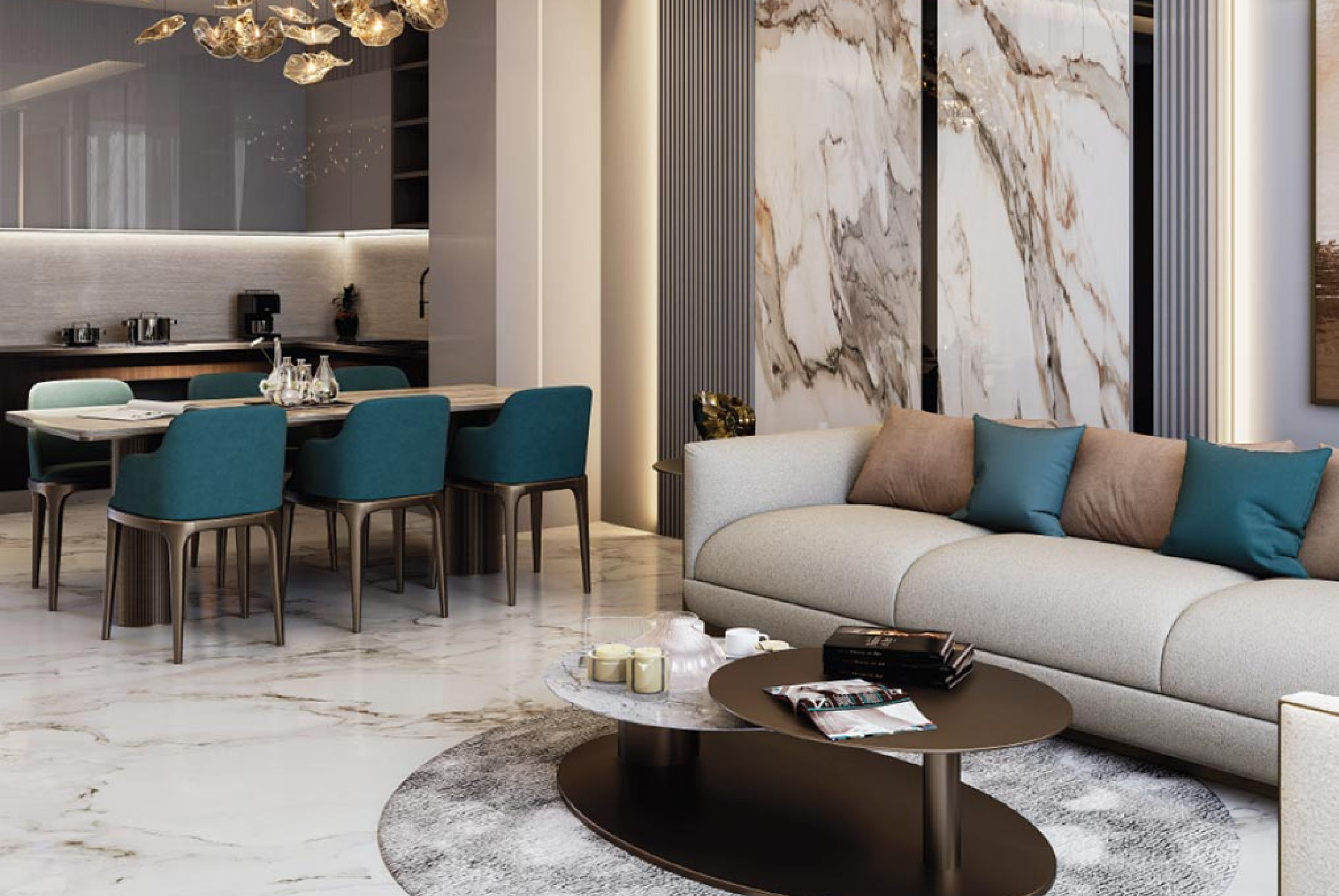 Interior view of a living and dining area in Yachtside Marina Residences with large windows and ocean view