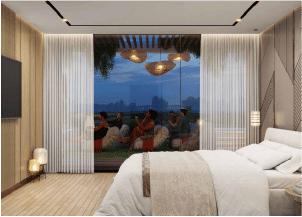 Interior view of a bedroom in Yachtside Marina Residences with large window and modern decor