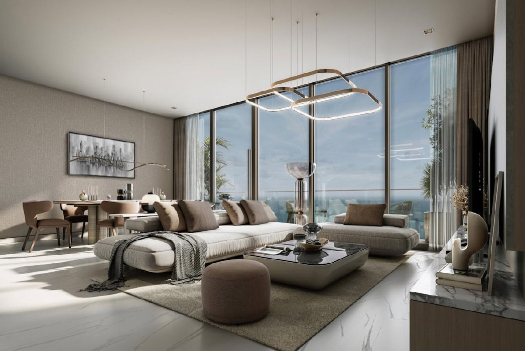 Interior view of a living and dining area in Yachtside Marina Residences with large windows and ocean view