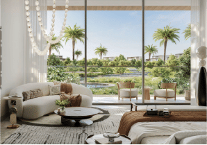 Interior view of a bedroom in Yachtside Marina Residences with large window and modern decor