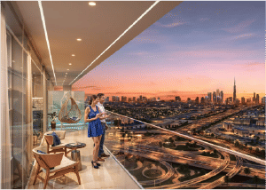 Interior view of a bedroom in Yachtside Marina Residences with large window and modern decor