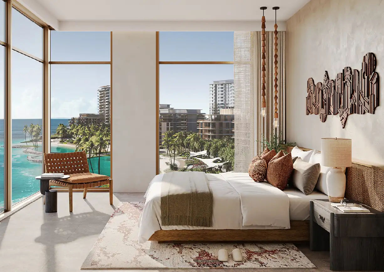 Interior view of a bedroom in Yachtside Marina Residences with large window and modern decor