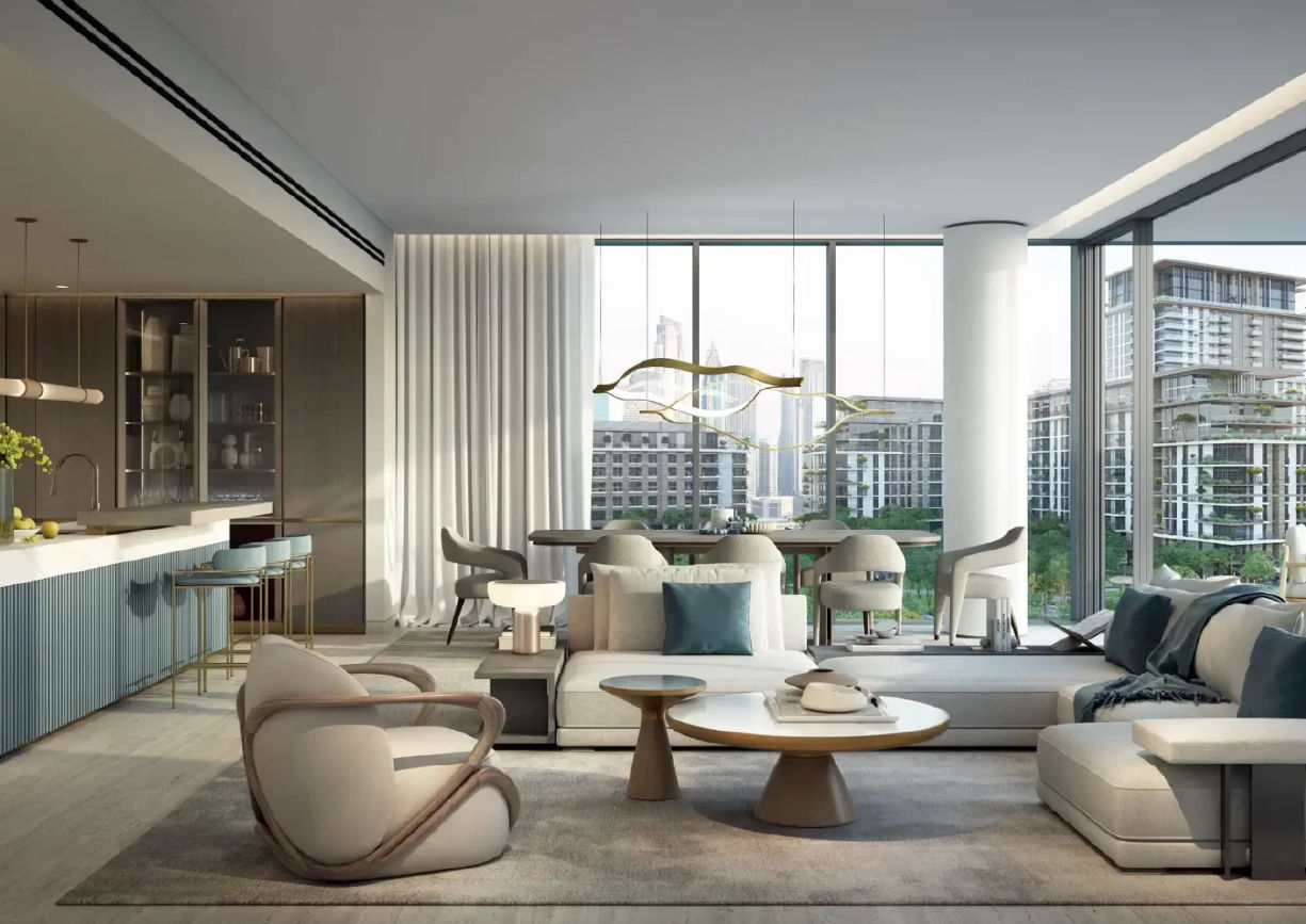 Interior view of a bedroom in Yachtside Marina Residences with large window and modern decor