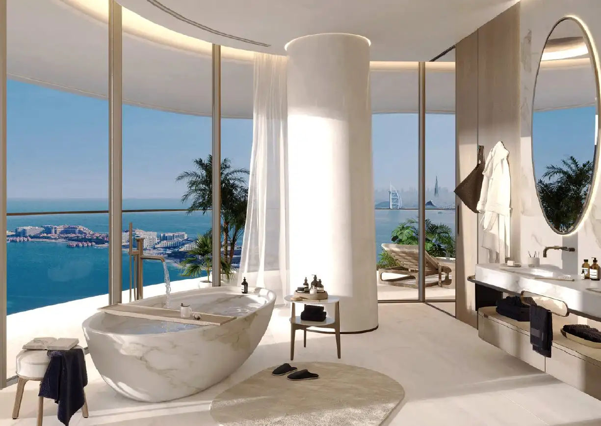 Interior view of a bedroom in Yachtside Marina Residences with large window and modern decor