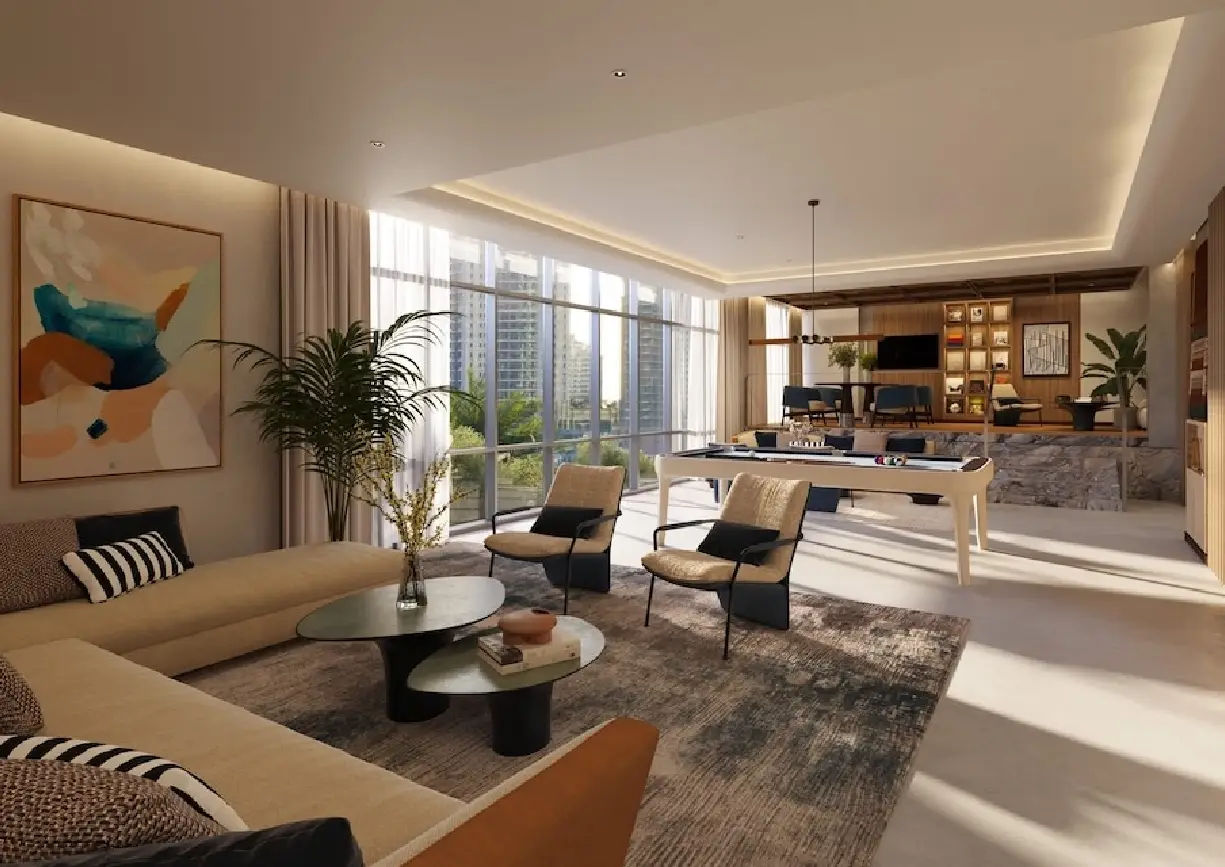 Interior view of a bedroom in Yachtside Marina Residences with large window and modern decor