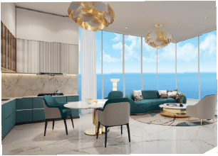 Interior view of a bedroom in Yachtside Marina Residences with large window and modern decor