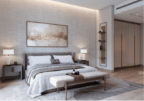 Interior view of a bedroom in Yachtside Marina Residences with large window and modern decor