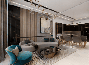 Interior view of a bedroom in Yachtside Marina Residences with large window and modern decor