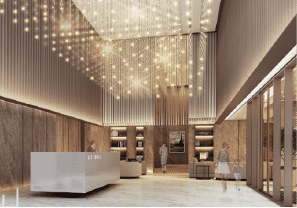 Interior view of a bedroom in Yachtside Marina Residences with large window and modern decor
