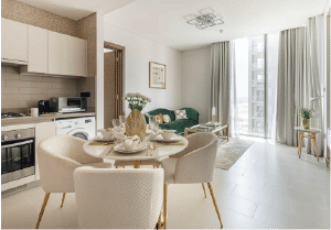 Interior view of a bedroom in Yachtside Marina Residences with large window and modern decor