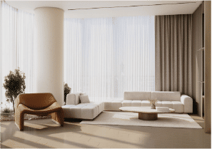 Interior view of a bedroom in Yachtside Marina Residences with large window and modern decor