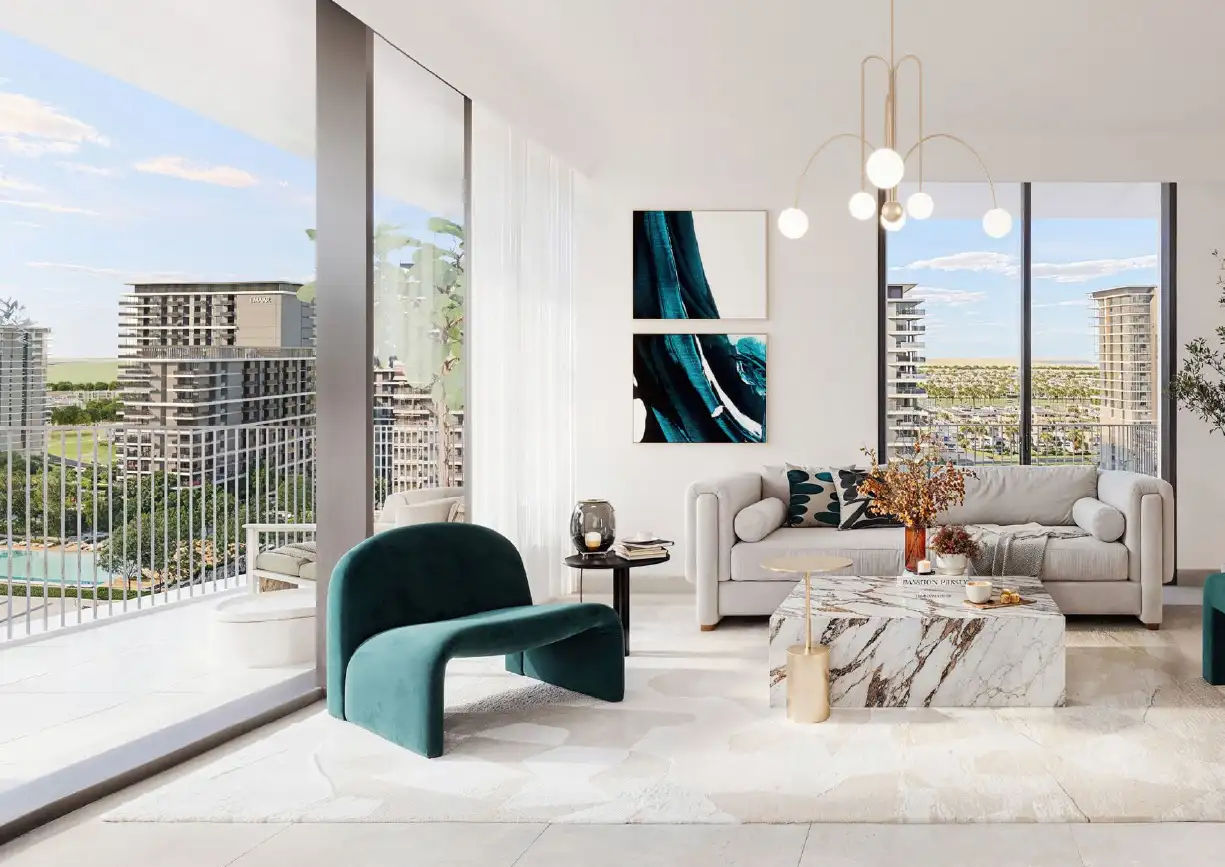 Interior view of a bedroom in Yachtside Marina Residences with large window and modern decor