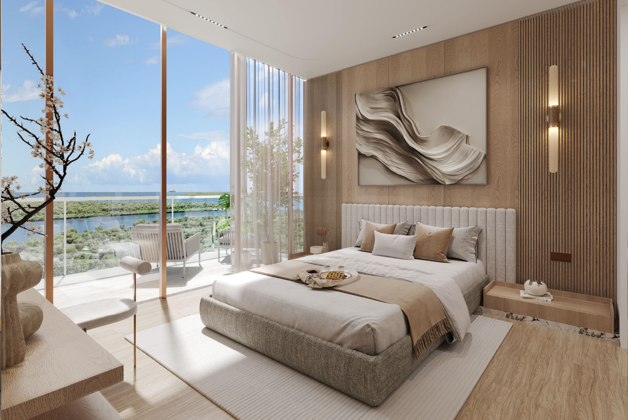 Interior view of a living and dining area in Yachtside Marina Residences with large windows and ocean view