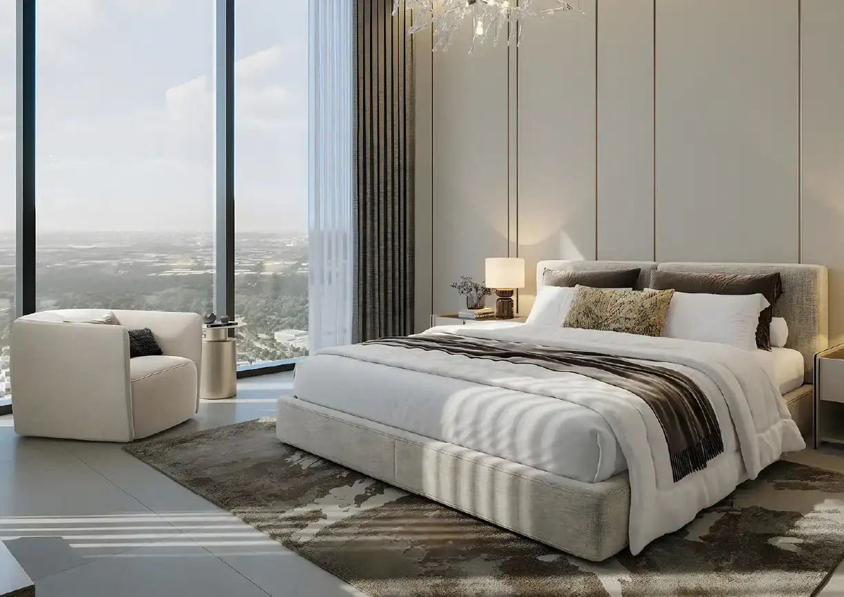 Interior view of a bedroom in Yachtside Marina Residences with large window and modern decor