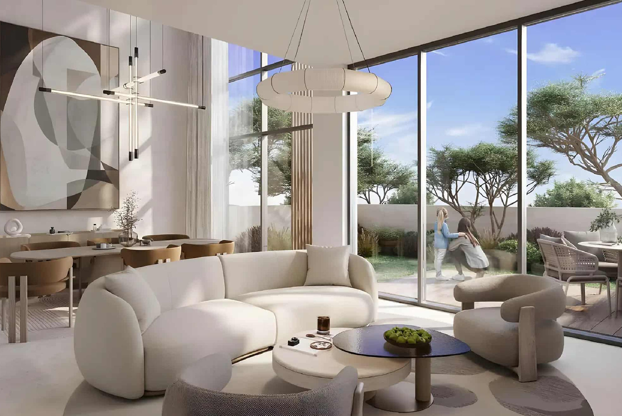 Interior view of a living and dining area in Yachtside Marina Residences with large windows and ocean view