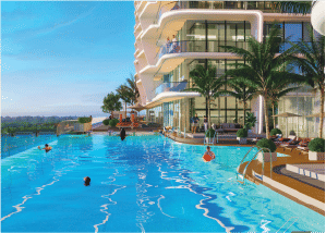 Interior view of a bedroom in Yachtside Marina Residences with large window and modern decor