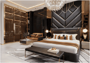 Interior view of a bedroom in Yachtside Marina Residences with large window and modern decor