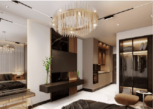 Interior view of a bedroom in Yachtside Marina Residences with large window and modern decor