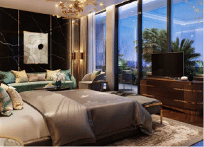Interior view of a bedroom in Yachtside Marina Residences with large window and modern decor