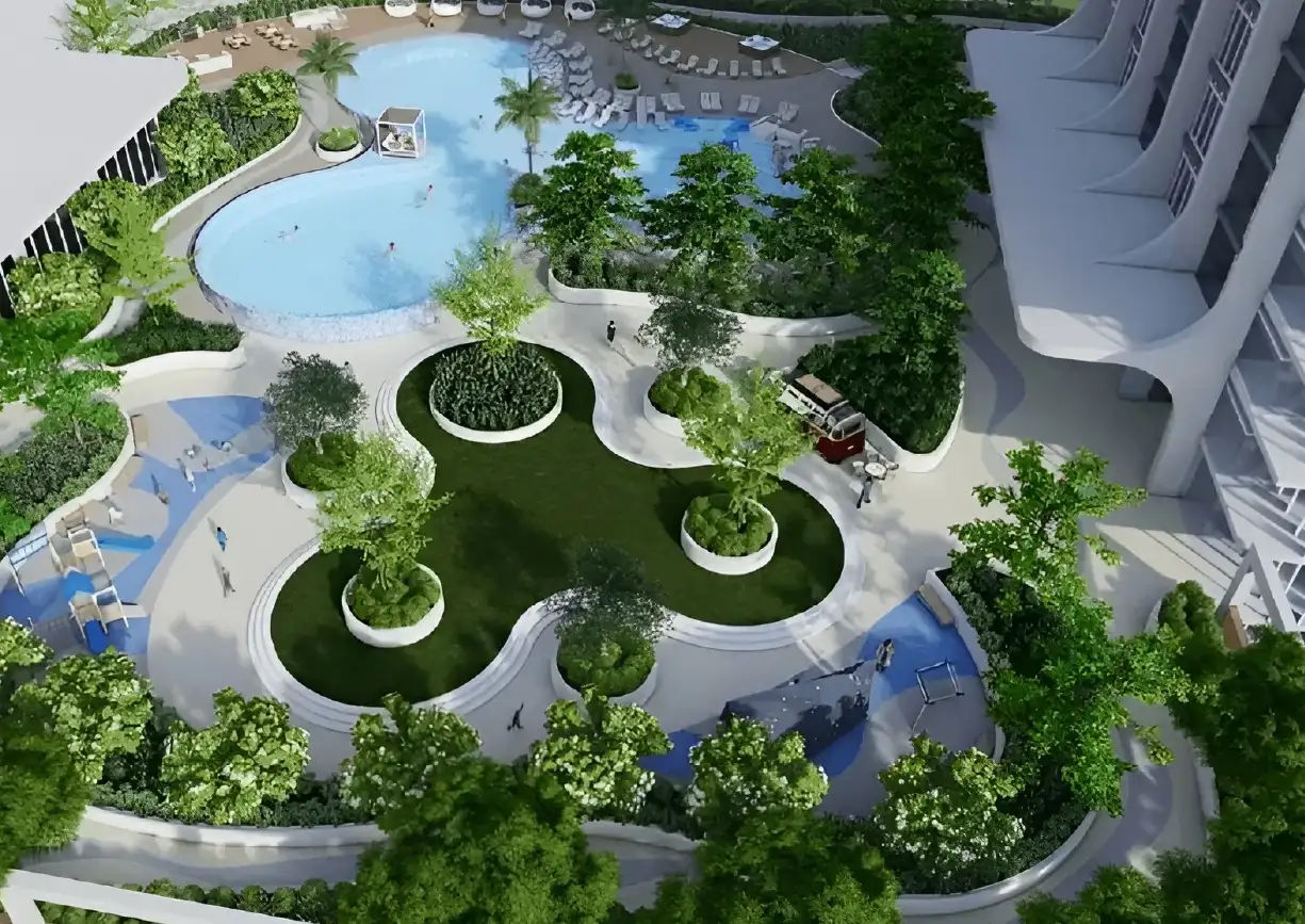 Interior view of a bedroom in Yachtside Marina Residences with large window and modern decor