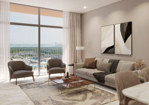 Interior view of a bedroom in Yachtside Marina Residences with large window and modern decor