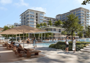 Interior view of a bedroom in Yachtside Marina Residences with large window and modern decor