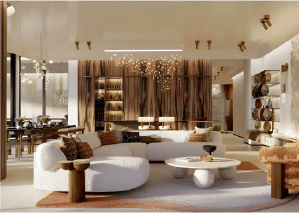 Interior view of a living and dining area in Yachtside Marina Residences with large windows and ocean view