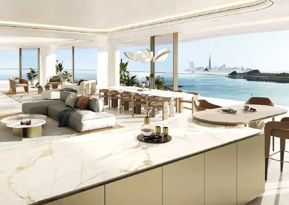 Interior view of a living and dining area in Yachtside Marina Residences with large windows and ocean view