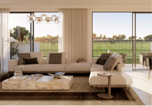 Interior view of a living and dining area in Yachtside Marina Residences with large windows and ocean view