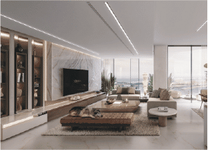 Interior view of a living and dining area in Yachtside Marina Residences with large windows and ocean view