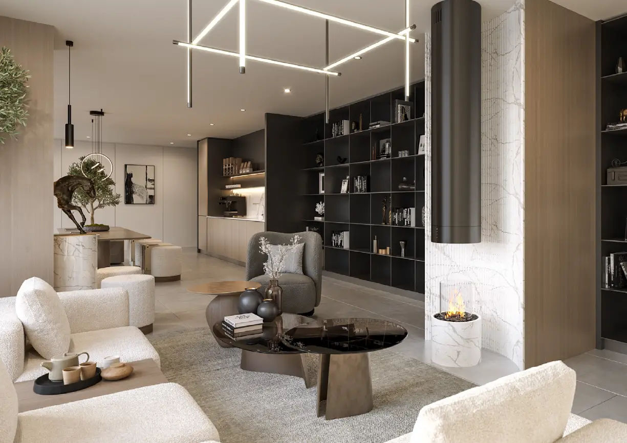 Interior view of a living and dining area in Yachtside Marina Residences with large windows and ocean view