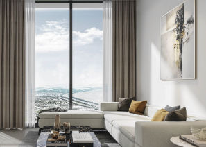 Interior view of a living and dining area in Yachtside Marina Residences with large windows and ocean view