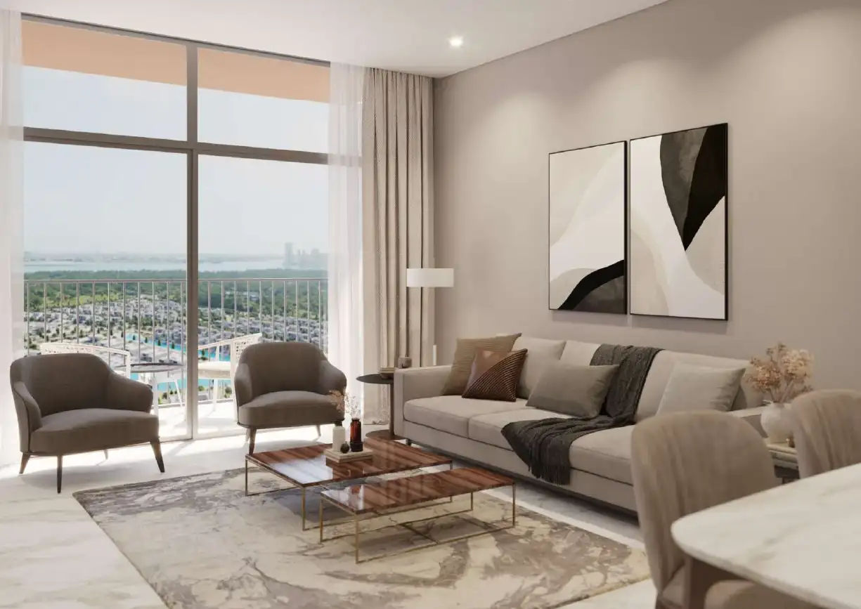 Interior view of a living and dining area in Yachtside Marina Residences with large windows and ocean view