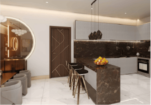 Interior view of a living and dining area in Yachtside Marina Residences with large windows and ocean view