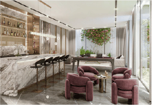 Interior view of a living and dining area in Yachtside Marina Residences with large windows and ocean view