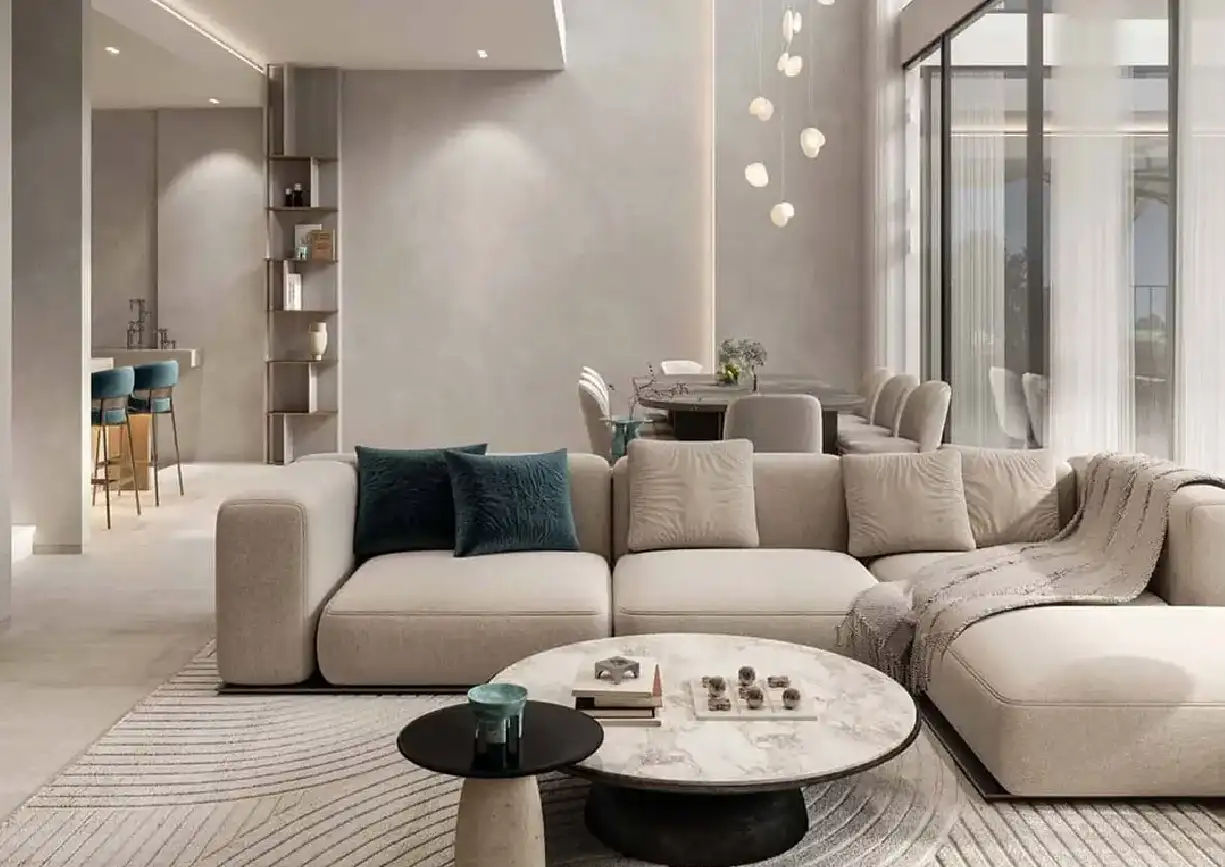 Interior view of a living and dining area in Yachtside Marina Residences with large windows and ocean view