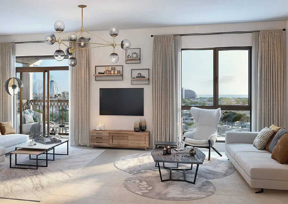 Interior view of a living and dining area in Yachtside Marina Residences with large windows and ocean view