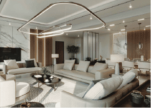 Interior view of a living and dining area in Yachtside Marina Residences with large windows and ocean view