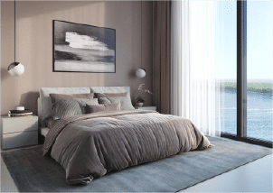 Interior view of a living and dining area in Yachtside Marina Residences with large windows and ocean view